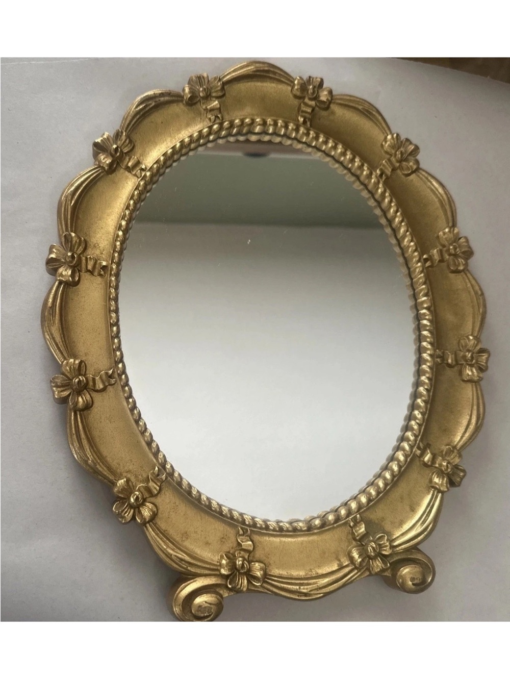 Vintage Syroco 1943 Gold Gilt Oval Vanity Mirror Easel Back Floral Bow USA